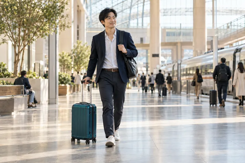A man in a navy blazer walking through a bright station with a teal carry-on