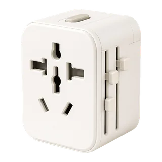 A white travel plug adapter