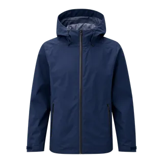 A navy hooded rain jacket