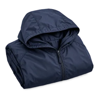 A folded navy rain shell
