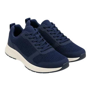 Navy trainers with white soles