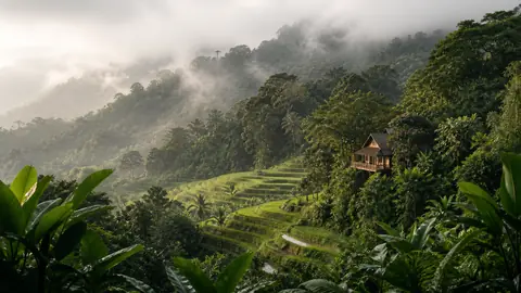 Misty jungle hills and rice terraces