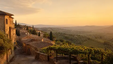 A stone village lane above vineyards at sunset