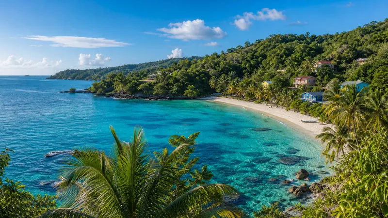 A turquoise Caribbean bay with palm trees and white sand