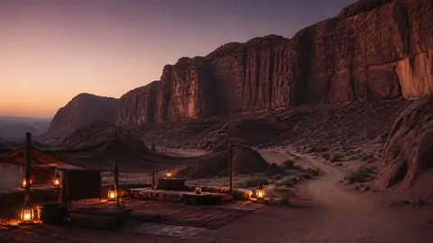 A desert camp below red sandstone cliffs at dusk