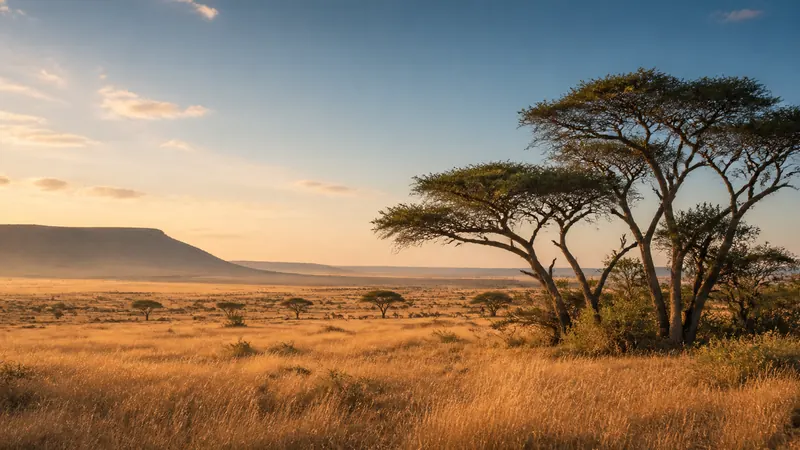 Golden savanna with an acacia tree at sunset