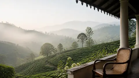 Tea hills in morning mist, seen from a veranda