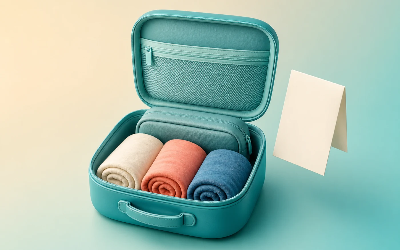 An open teal wheeled suitcase seen from above, neatly filled with rolled garments in cream, coral and sand, a folded document wallet and a coiled charger cable