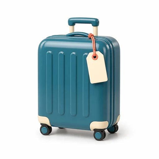 A glossy teal wheeled suitcase with a cream paper luggage tag