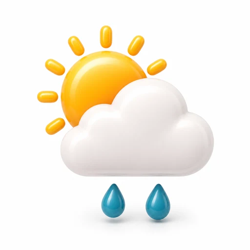 A glossy sun partly behind a soft white cloud with two teal raindrops