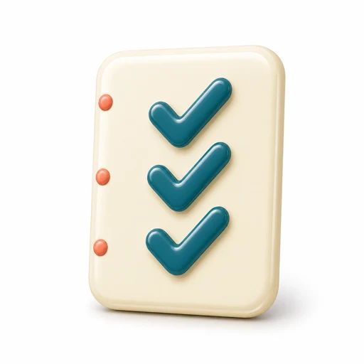 A glossy cream checklist card with three bold teal tick marks