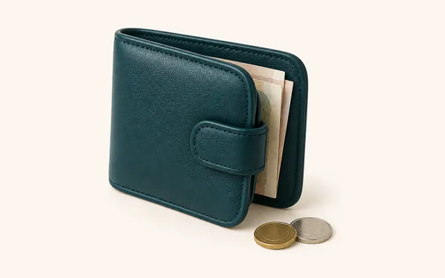 A teal leather wallet with coins
